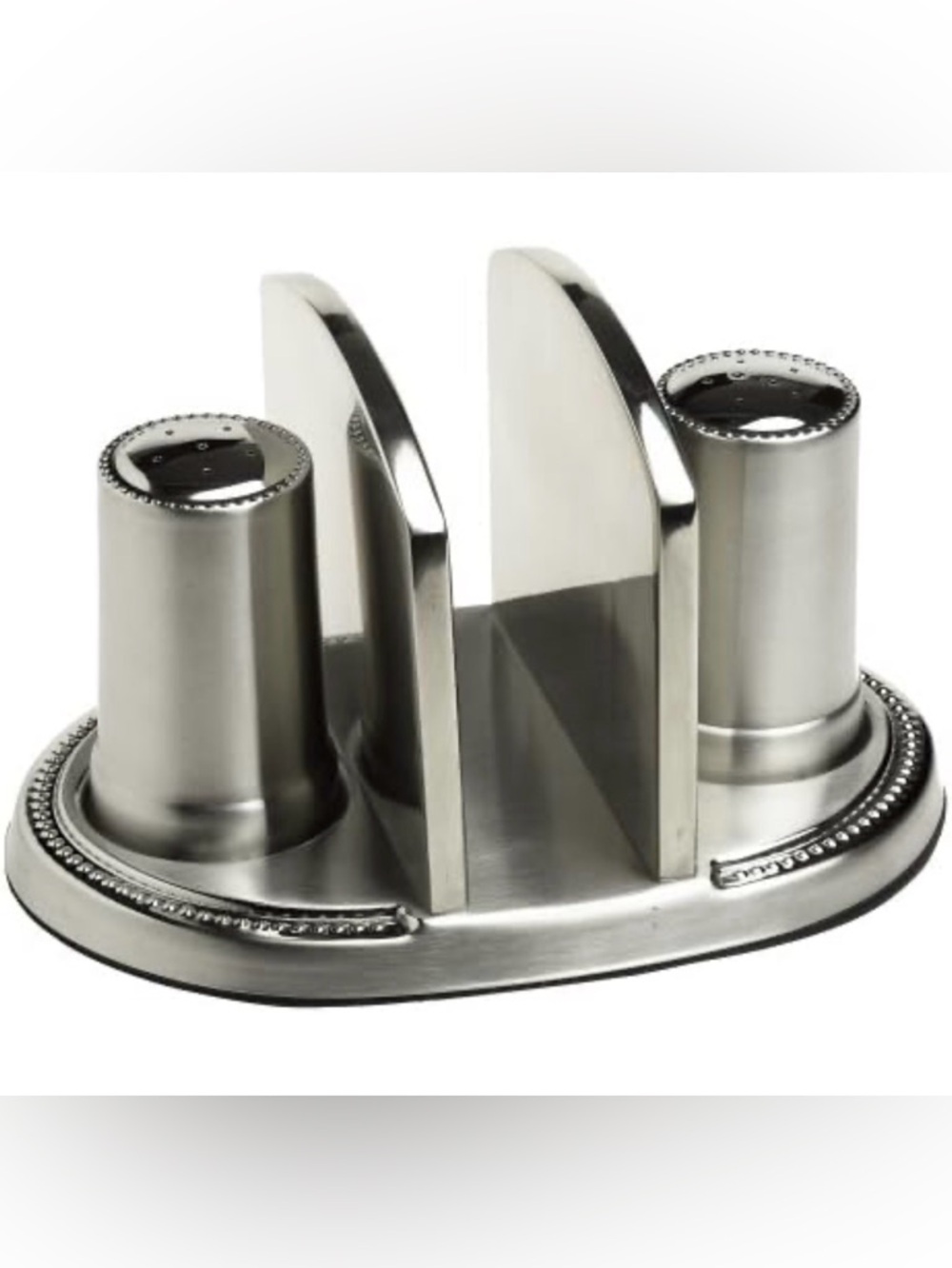 Brand new vintage stainless salt, pepper and napkin holder!